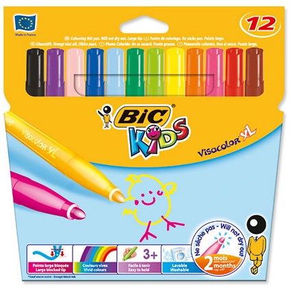 Bic Kids Visa XL Felt Tip Pens / Washable / Assorted Colours / Pack of 12