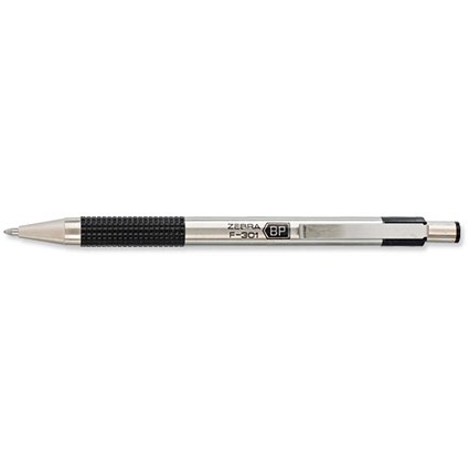 Zebra F-301 Delux Medium Retractable Ball Pen / Stainless Steel / Black