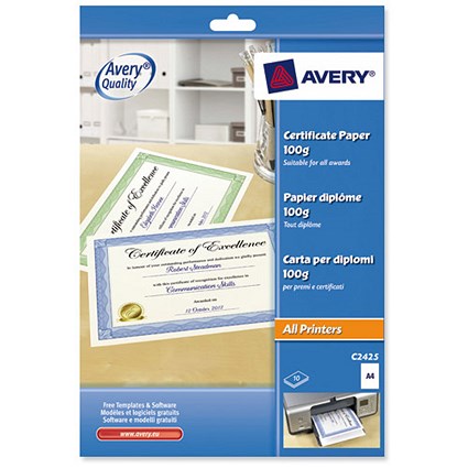 Avery A4 Certificate Paper / 50% Cotton / Blue Border / Pack of 10