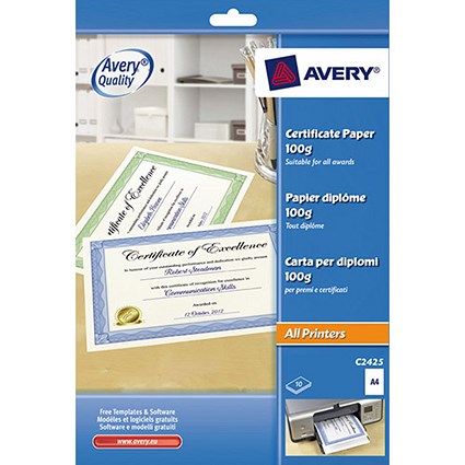 Avery A4 Certificate Paper / Green Border / 50% Cotton / Pack of 10