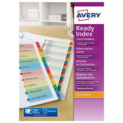 Avery ReadyIndex Dividers, 1-12, Multicoloured Mylar Tabs, A4, White