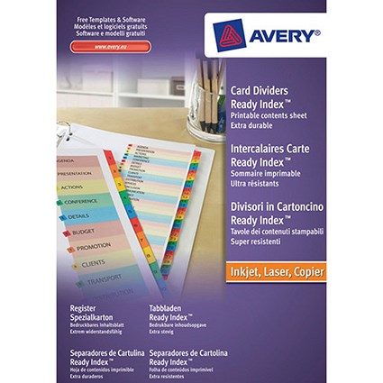 Avery ReadyIndex Dividers, 1-20, Multicoloured Mylar Tabs, A4, White