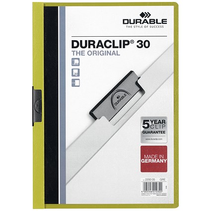 Durable A4 Duraclip Folders, 3mm Spine, Green, Pack of 25