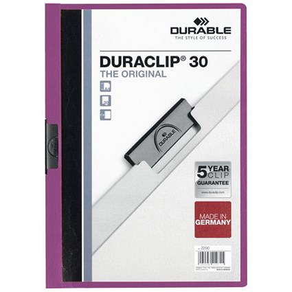 Durable Duraclip Folders / PVC / Clear Front / 3mm Spine for 30 Sheets / A4 / Purple / Pack of 25