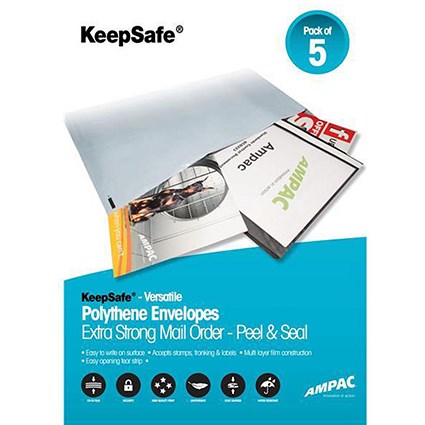 Keepsafe Extra Strong Polythene Envelopes / Assorted Sizes / Peel & Seal / Opaque / Pack of 5