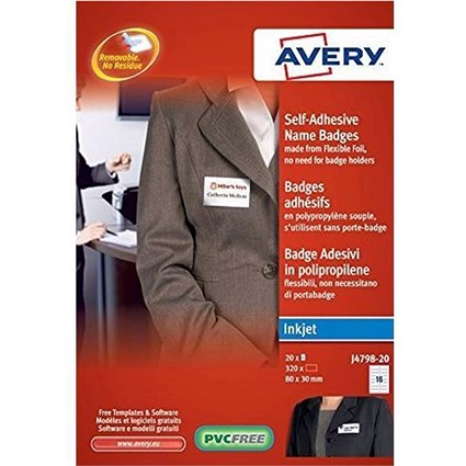 Avery Self-adhesive Name Badges / 16 per Sheet / 80x30mm / White / J4798-20 / 320 Labels
