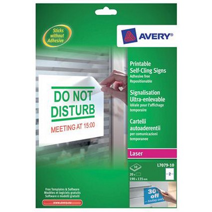 Avery Removeable Self-Cling Signs / 2 per Sheet / 190x135mm / L7079-10 / 20 Signs