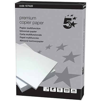5 Star A4 Premium Paper, White, 90gsm, Ream (500 Sheets)