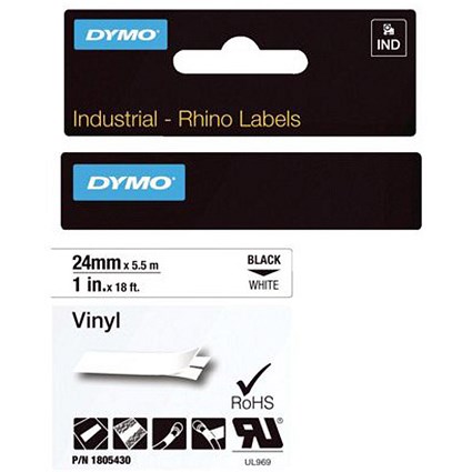 Dymo Rhino Tape Permanent Vinyl 24mm Black on White Ref 1805430