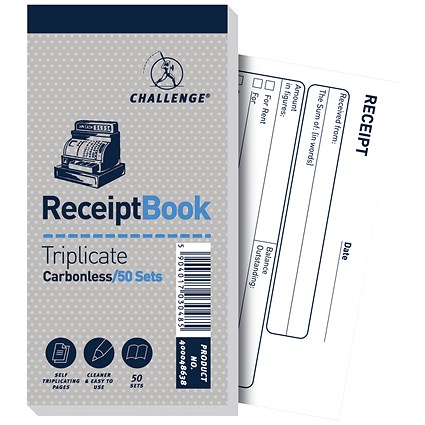 Challenge Carbonless Triplicate Receipt Book, 50 Sets, 70x140mm, Pack of 10