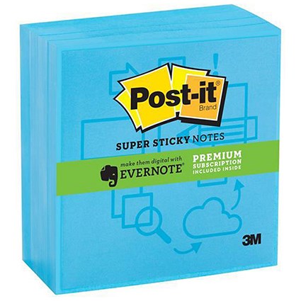 Post-it Super Sticky Evernote App Notes / 76x76mm / Blue / Pack of 4 x 90 Notes