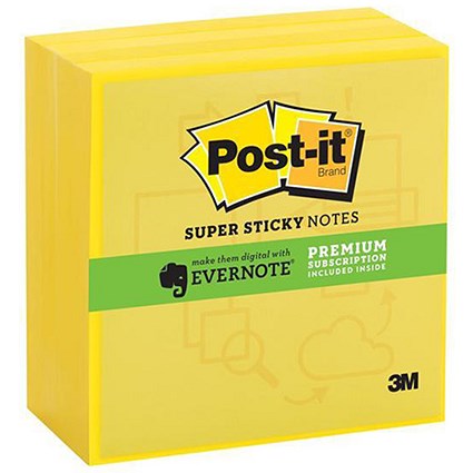 Post-it Super Sticky Evernote App Notes / 76x76mm / Electric Yellow / Pack of 4 x 90 Notes