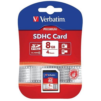Verbatim SDHC Media Memory Card SD 2.0 FAT32, Class 10, Read 10MB/s Write 10MB/s 8GB