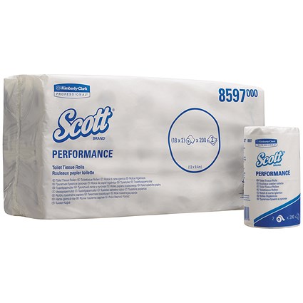 Scott Performance Tissue Rolls, White, 2-Ply, 200 Sheets per Roll, 18 Twin Packs (36 Rolls)