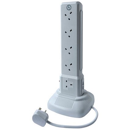 SMJ Extension Tower 10 Sockets 2 USB Charging Points Surge Protection W170xD160xH420mm White