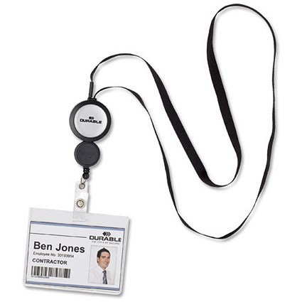 Durable Badge Reel & Retractable Necklace, Black, Pack of 10