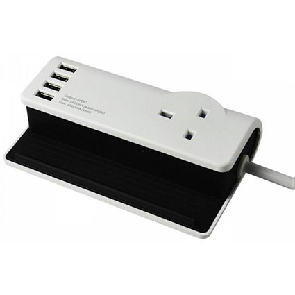 SMJ Desktop Charging Station 1 UK Mains Socket 4 USB Charging Points W159xD90xH50mm White