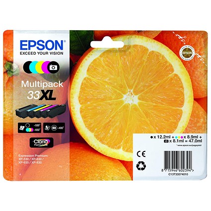 Epson T33XL Inkjet Orange Cartridge High Yield Black, Photo Black, Cyan, Magenta and Yellow (5 Cartridges)