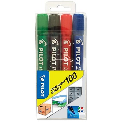 Pilot 100 Permanent Markers, Bullet Tip, Assorted Colours, Pack of 4