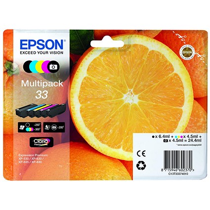 Epson T33 Inkjet Orange Cartridge - Black, Cyan, Magenta, Yellow and Photo Black (5 Cartridges)