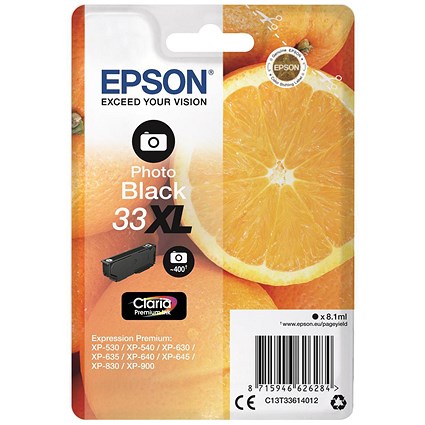 Epson 33XL Ink Cartridge Claria Prem High Yield Oranges Photo Black C13T33614012