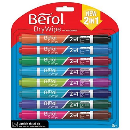 Berol Dual Ended 2 in 1 Drywipe Whiteboard Marker, Assorted, Pack of 8