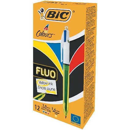Bic 4 Colour Fluo Ballpoint Pen, Black, Blue, Red & Yellow Ink, Pack of 12