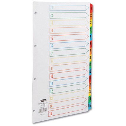 Concord Index Dividers / 1-15 / Multicoloured Mylar Tabs / A4 / White