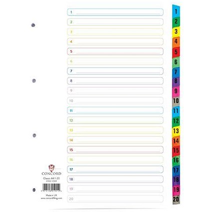 Concord Index Dividers / 1-20 / Multicoloured Mylar Tabs / A4 / White