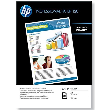 HP A4 Professional Glossy Laser Photo Paper, White, 120gsm, 250 Sheets