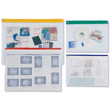 Zip Pouch Lightweight Polythene Clear with Coloured Seal A4 / Assorted / Pack of 25
