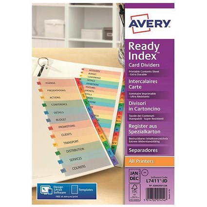 Avery ReadyIndex Dividers, 10-Part, Multicoloured Mylar Tabs, A4, White