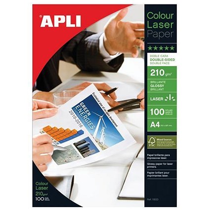 Apli A4 Glossy Double-Sided Laser Photo Paper, White, 210gsm, Pack of 100 Sheets