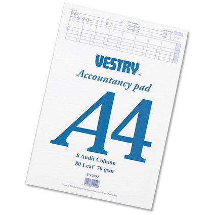 Vestry Accountants Pad / A4 / 8 Audit Columns / 80 Leaf / Ref: CV2092