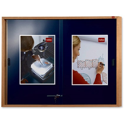 Nobo Slimline Display Cabinet Noticeboard / Lockable Sliding Door / Oak / W1000xH825mm / Blue