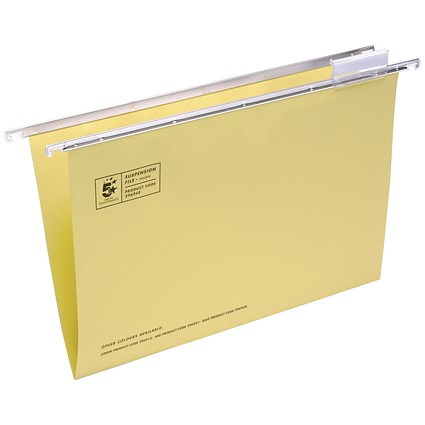 5 Star Suspension Files, V Base, 15mm Capacity, Foolscap, Yellow, Pack of 50