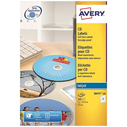 Avery Inkjet CD/DVD Labels, 2 per Sheet, 117mm Diameter, QuickDRY, J8676-100, 200 Labels