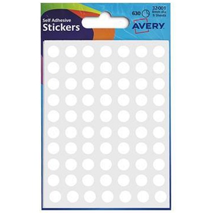 Avery Coloured Labels / 8mm Diameter / White / 32-001 / 10 x 624 Labels