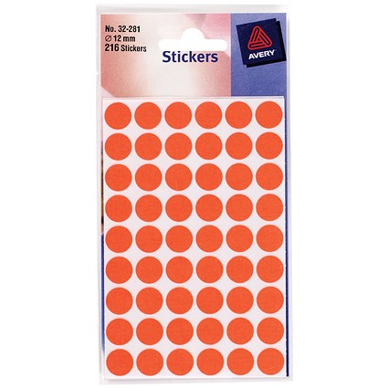 Avery Coloured Labels, 13mm Diameter, Fluorescent Red, 32-281, 10 x 245 Labels