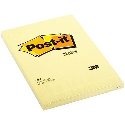 Post-it Canary Yellow Notes, 102x152mm, Large Plain, Pack of 6 x 100 Notes