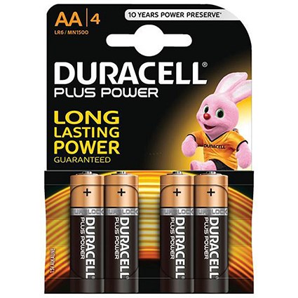 Duracell Plus Power Alkaline Battery, AA, Pack of 4