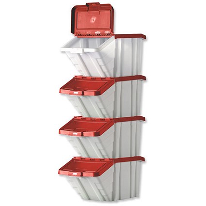 Storage Container Bin / 50 Litre / White & Red Lid / Pack of 4
