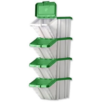 Storage Container Bin, 50 Litre, White & Green Lid, Pack of 4