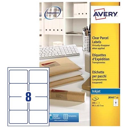 Avery Clear Addressing Labels, 8 per Sheet, 99.1x67.7mm, J8565-25, 200 Labels