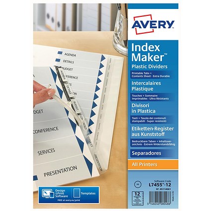 Avery IndexMaker Dividers, 12-Part, Clear Tabs, A4, White