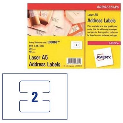 Avery Laser Addressing Labels, A5 Sheet of 2 Each, 99.1x38.1mm, L30063-20, 40 Labels