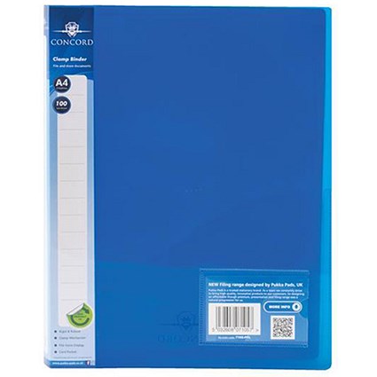 Concord A4 Clamp Binders / Polypropylene / 75 micron / 100 Sheet Capacity / Blue / Pack of 10