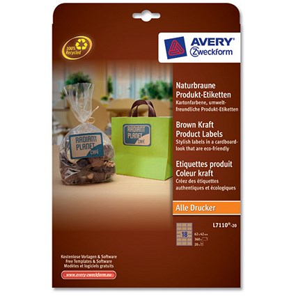 Avery Rectangular Product Labels / 18 per Sheet / 62x42mm / Brown Kraft / L7110-20.UK / 360 labels
