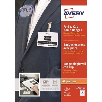 Avery Fold & Clip Name Badges / 90x60mm / White / Pack of 30