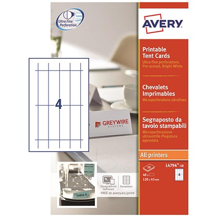 Avery Printable Business Tent Cards, 120mm x 45mm, 4 per Sheet, White, 190gsm, Pack of 40